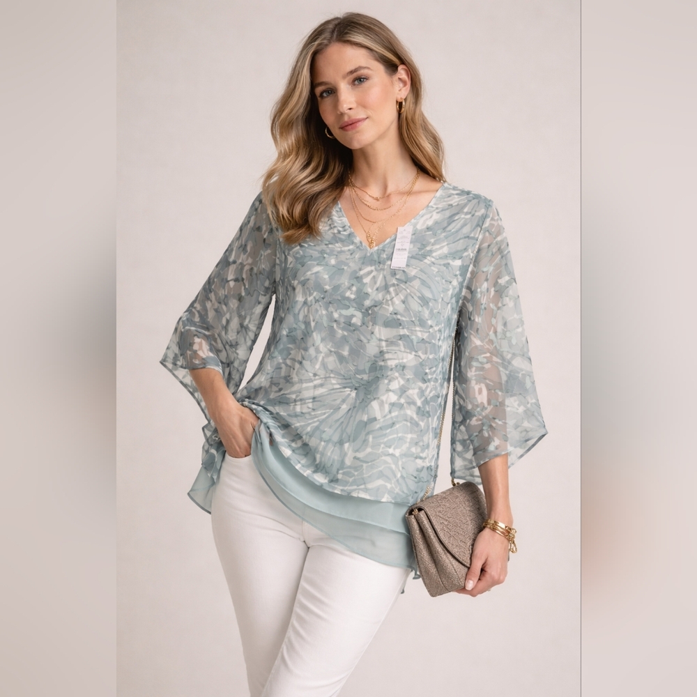 WHBM Silk Butterfly Blouse Aqua V-Neck Kimono‎ Sleeve S NWT
